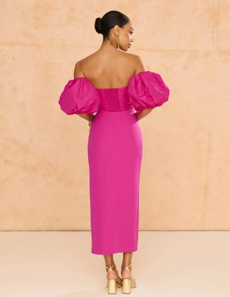 Robe midi avec manches bouffantes et fente pour robe d'invité