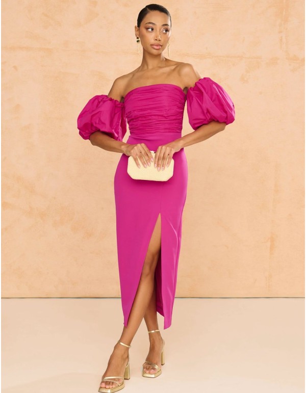 Robe midi avec manches bouffantes et fente pour robe...