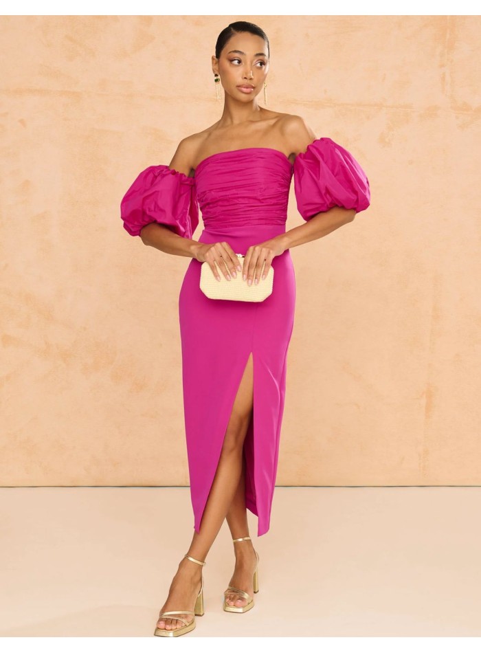 Robe midi avec manches bouffantes et fente pour...