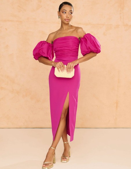 Robe midi avec manches bouffantes et fente pour robe d'invité