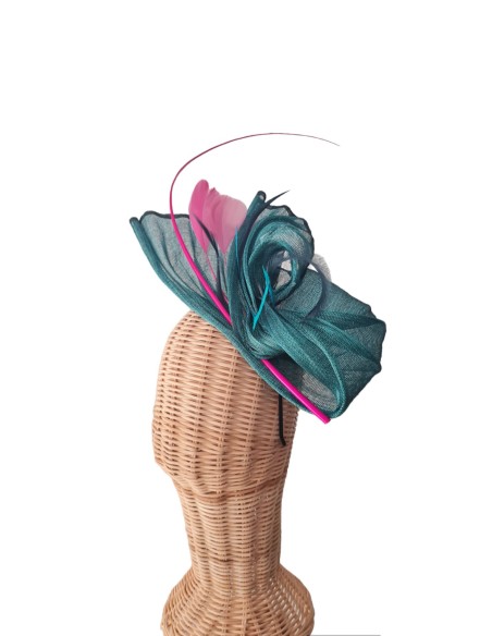 Guest headdress in petroleum silk sinamay with feathers