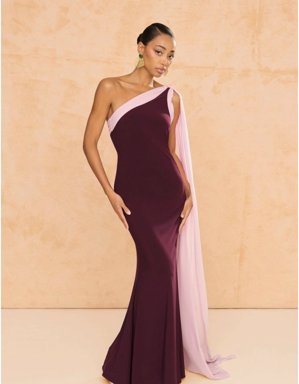copy of Terracotta color crepe satin long dress with long...
