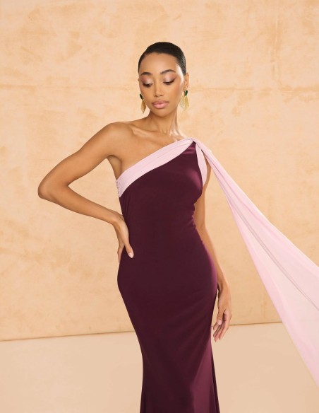 copy of Terracotta color crepe satin long dress with long cape