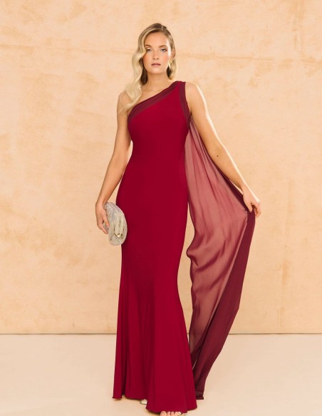 copy of Terracotta color crepe satin long dress with long cape