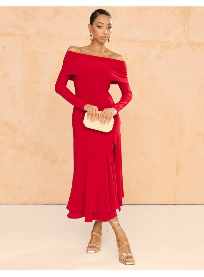 vestido rojo cuello barca