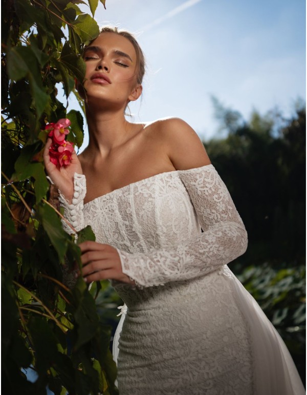 Lace wedding dress with bandeau neckline and long sleeves 2