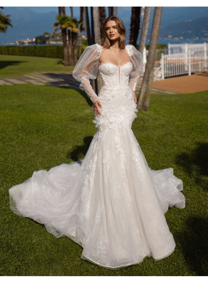 Long corset wedding dress with detachable sleeves