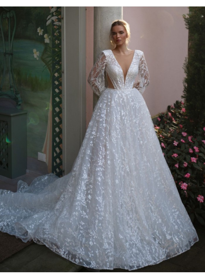 Long cut-out wedding dress with long puffed...