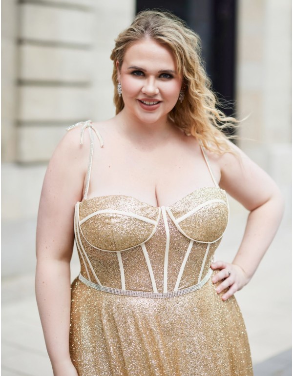 Long party dress with shiny fabric and corset bodice 2