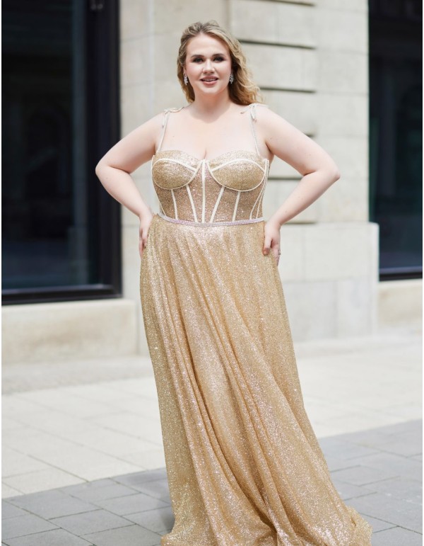 Robe de soirée longue avec tissu brillant et corset