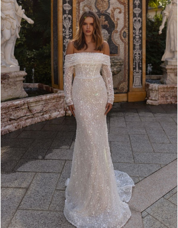 Robe de mariée sirène nude avec dentelle, traîne amovible... 2