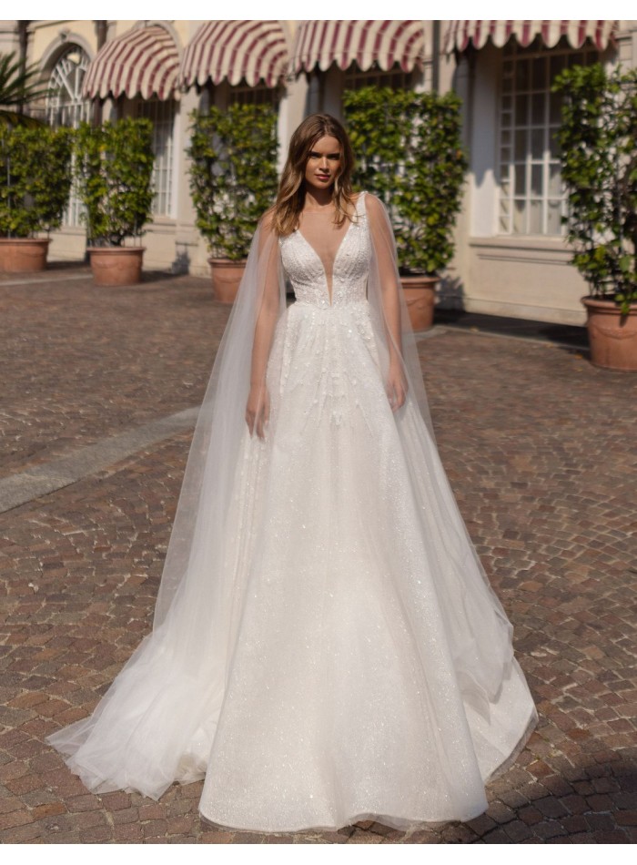 Ivory A-line wedding dress with V-neckline,...