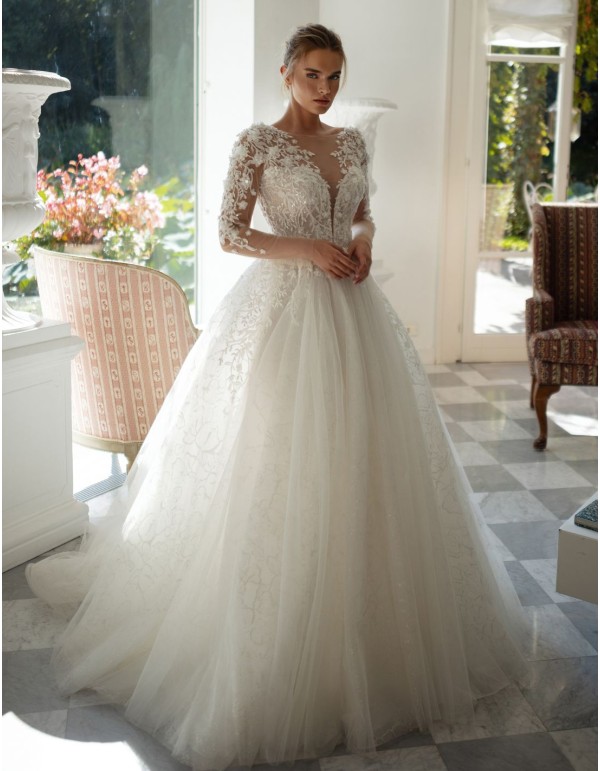 Robe de mariée ivoire avec encolure illusion, dentelle et... 2