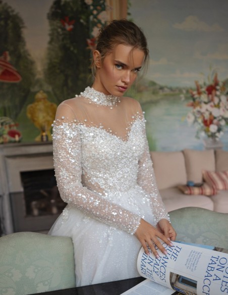 Ivory wedding dress with illusion neckline and illusion back, princess silhouette and illusion back, princess silhouette