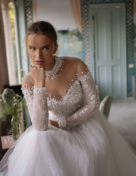 Ivory wedding dress with illusion neckline and illusion back, princess silhouette and illusion back, princess silhouette