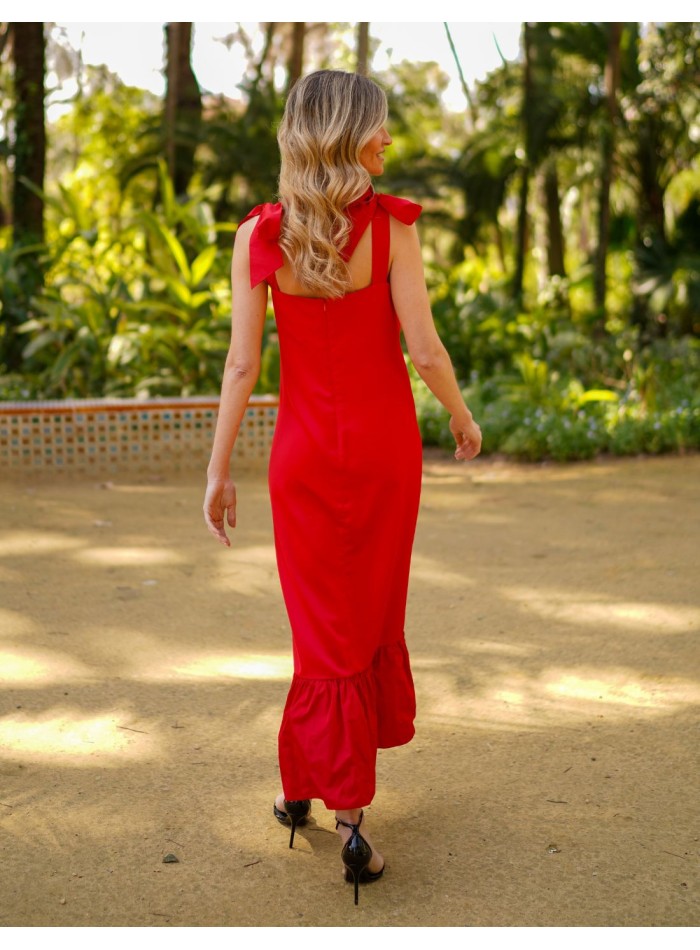 Red midi dress with lacing and ruffle on skirt
