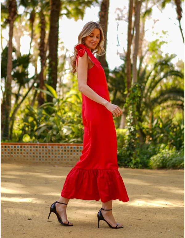 Red midi dress with lacing and ruffle on skirt