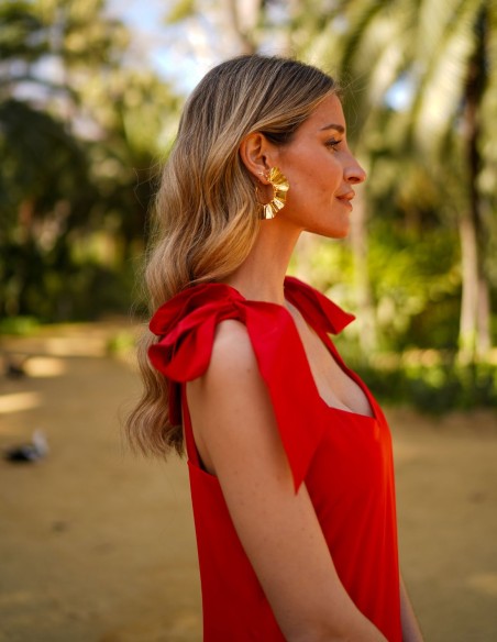 Red midi dress with lacing and ruffle on skirt