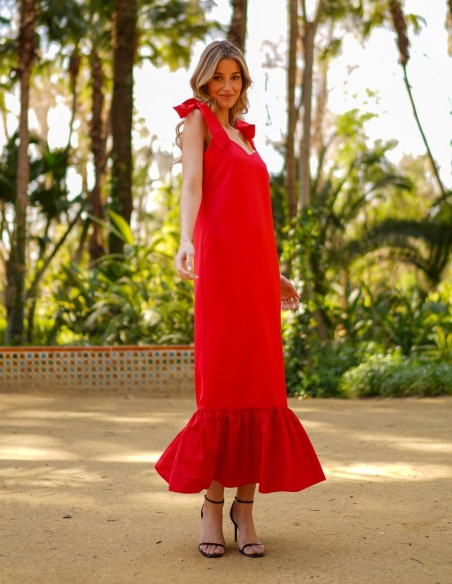 Red midi dress with lacing and ruffle on skirt