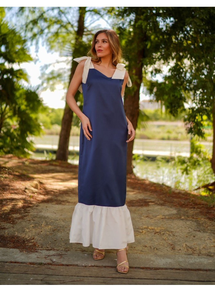 Robe midi bicolore bleu marine avec nœuds et...
