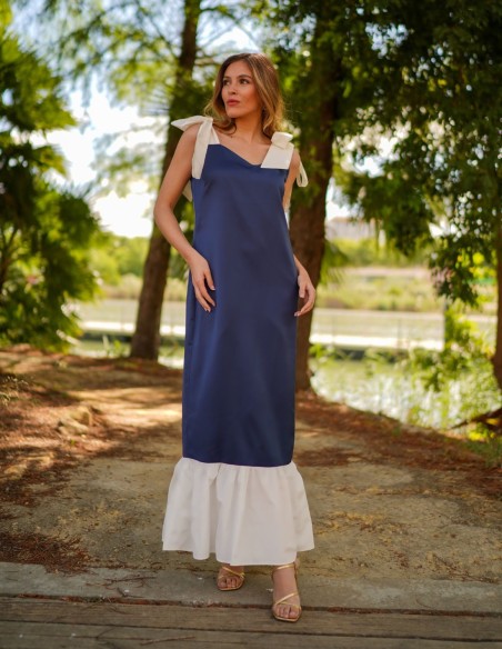 Two-tone navy blue midi dress with bows and ruffles