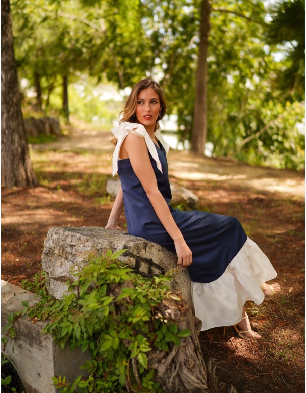 Robe midi bicolore bleu marine avec nœuds et volants 2