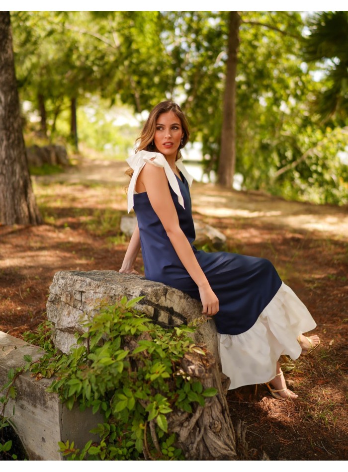 Two-tone navy blue midi dress with bows and...
