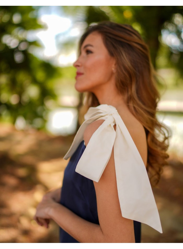 Two-tone navy blue midi dress with bows and...