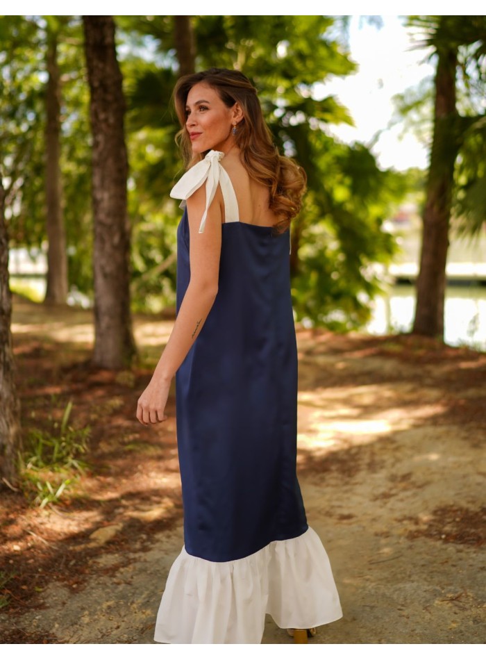 Two-tone navy blue midi dress with bows and...