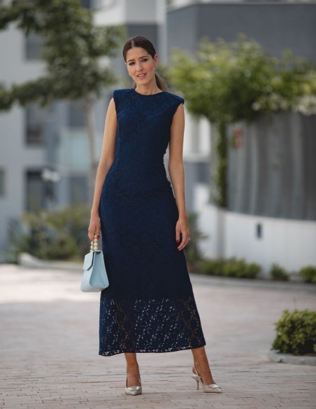 Navy blue midi dress with shoulder pads