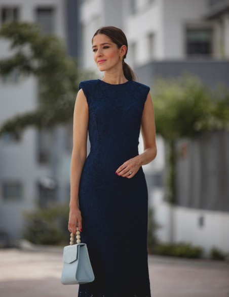 Navy blue midi dress with shoulder pads