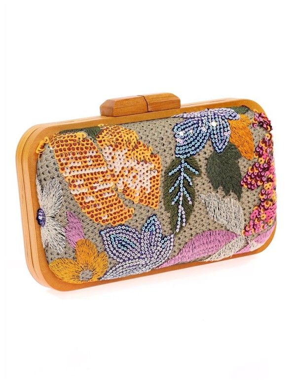 Bolso de mano con pedrería floral cosida a mano