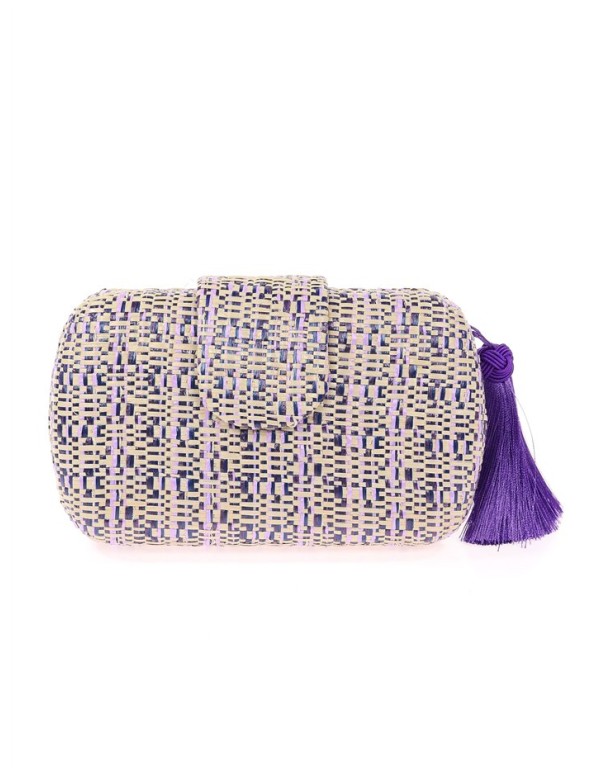 Bolso de fiesta ovalado de rafia trenzada con borla en color morado