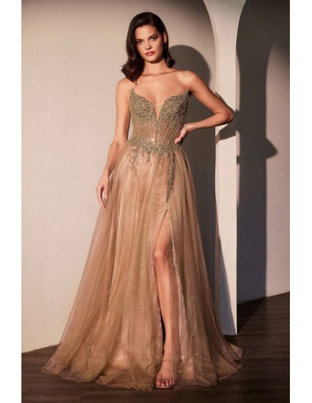 Long ball gown with rhinestone strapless bodice and tulle skirt