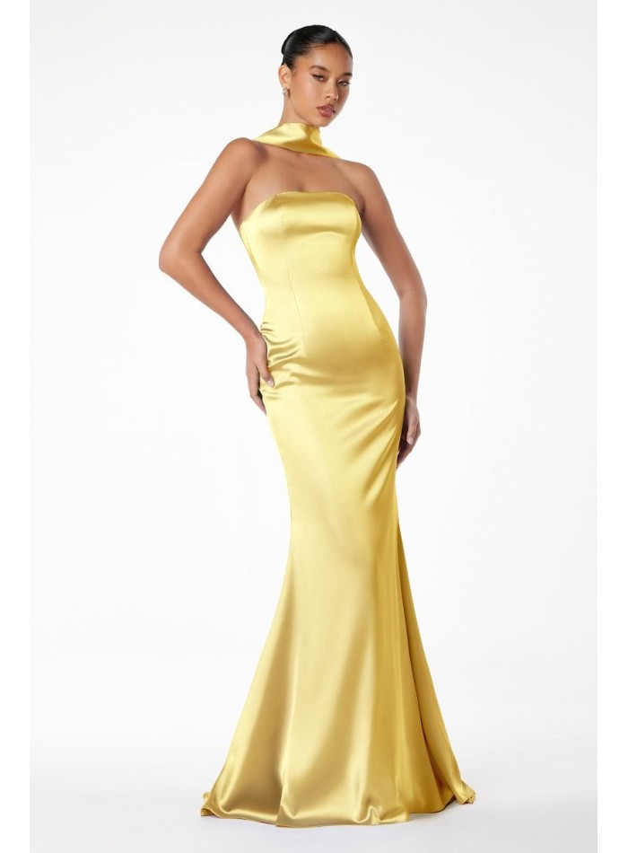 Vestido de fiesta palabra de honor ajustado con chal a juego amarillo