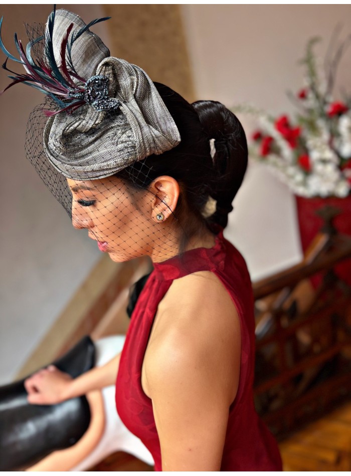 Sinamay pleated party skirt with feathers and veil