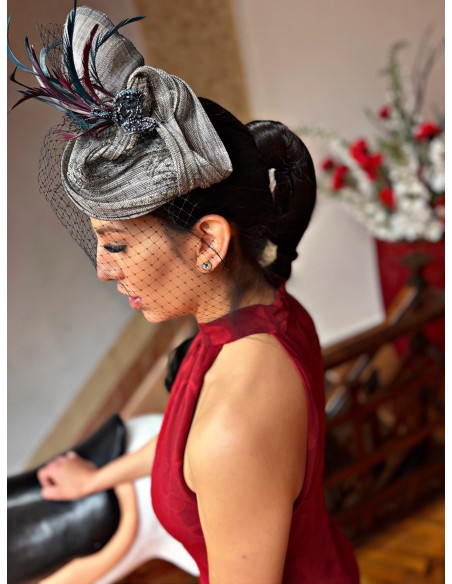 Sinamay pleated party skirt with feathers and veil