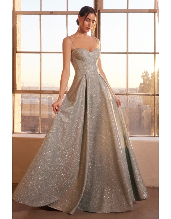 Long gown with shiny fabric and corset style bodice with...