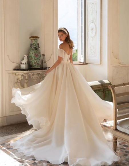 Asymmetrical neckline wedding dress with side slit skirt