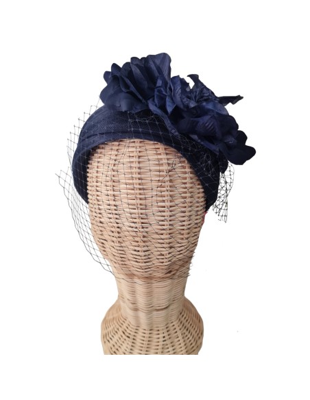 Diadema turbante ancha con flores azul marino