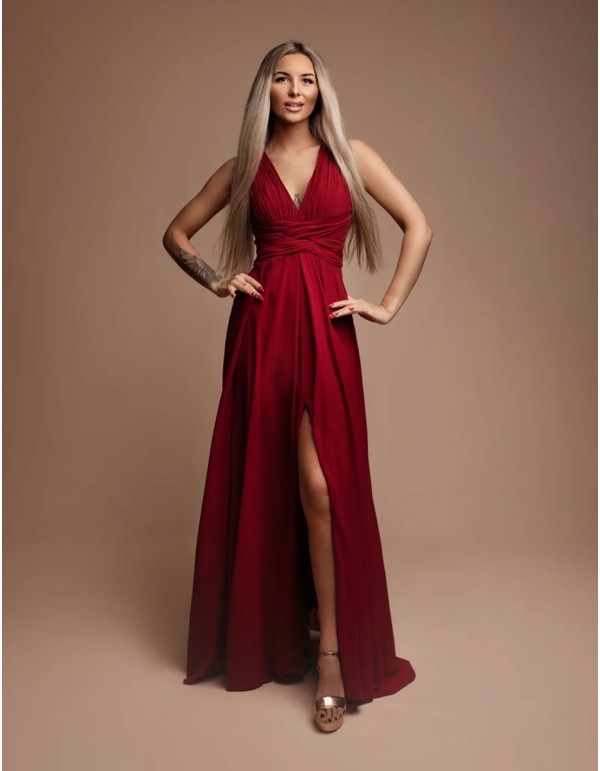 Long gown with ruffled V-neckline