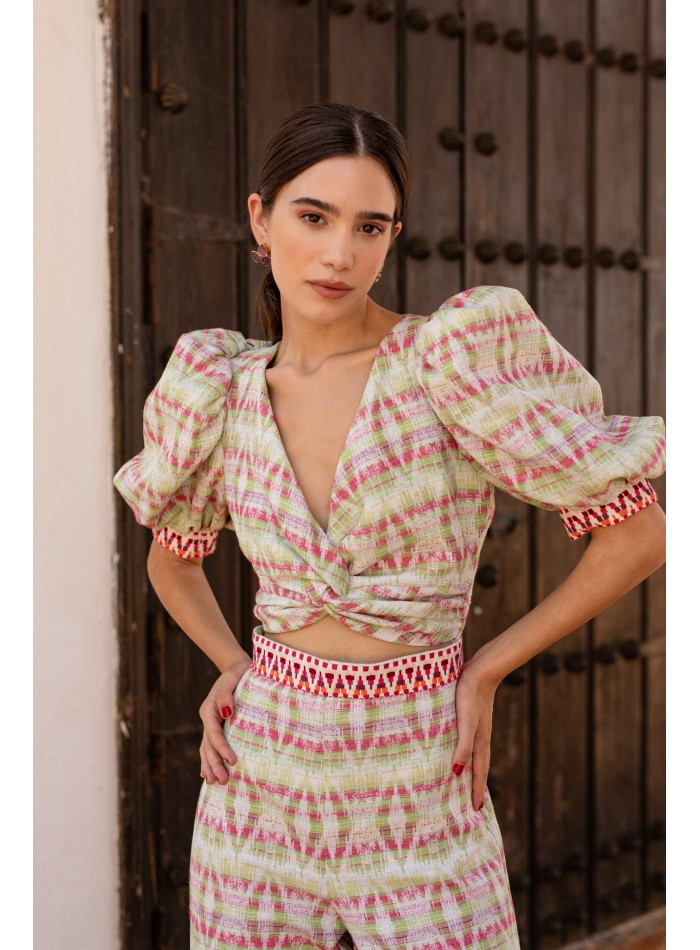 Ensemble deux pièces en jacquard vert ethnique