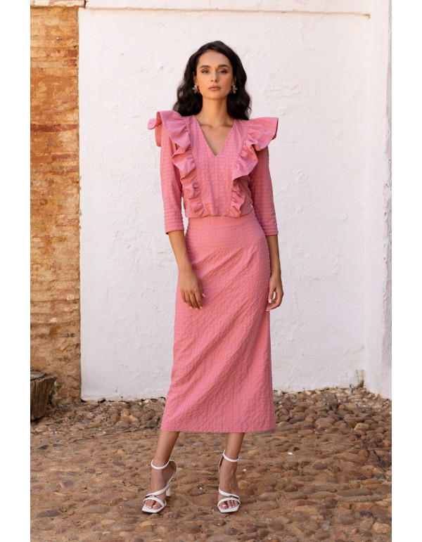 Conjunto blusa y falda rosa cuadros vichy