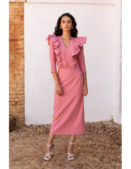 Pink vichy plaid blouse and skirt set