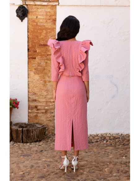 Conjunto blusa y falda rosa cuadros vichy para comuniones