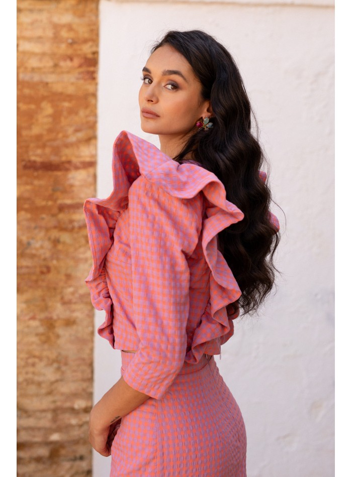 Pink vichy plaid blouse and skirt set