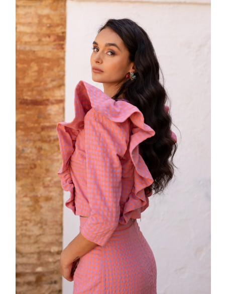 Conjunto blusa y falda rosa cuadros vichy para bautizos