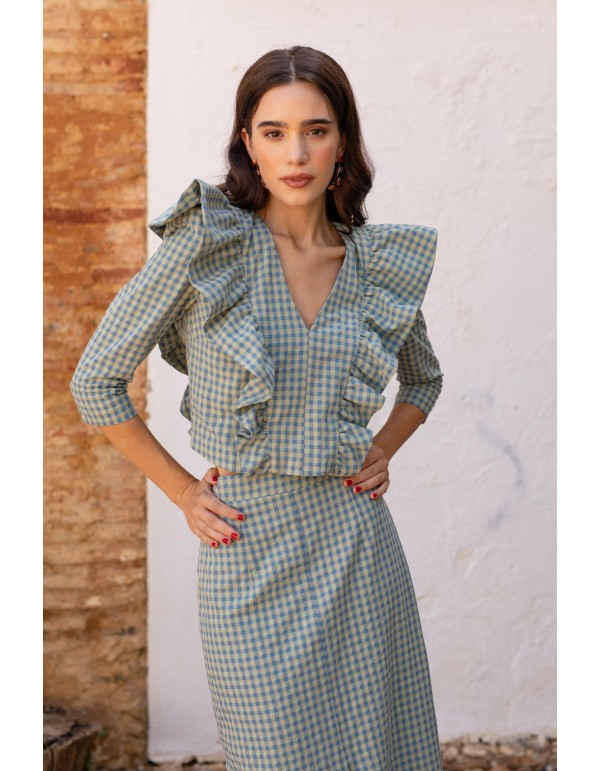 Conjunto de invitada vichy verde con volantes