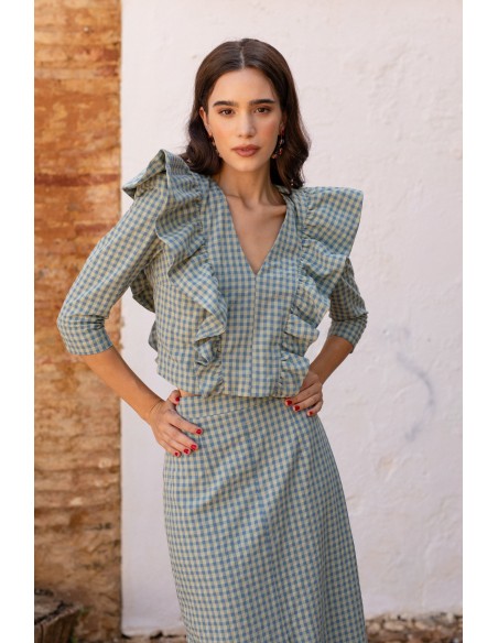 Conjunto de invitada vichy verde con volantes