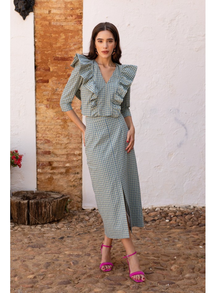 Conjunto de invitada vichy verde con volantes para comuniones